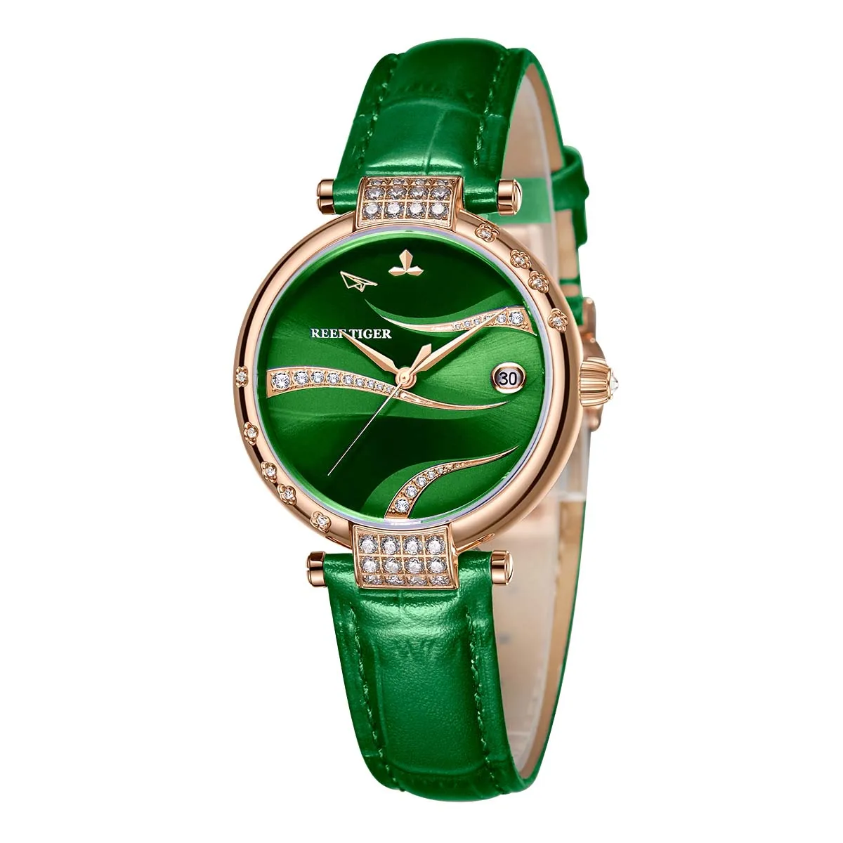 New Reef Tiger/RT Designer Diamond Luxury Women Rose Gold Watch Green Dial Waterproof Genuine Leather Strap Automatic RGA1589