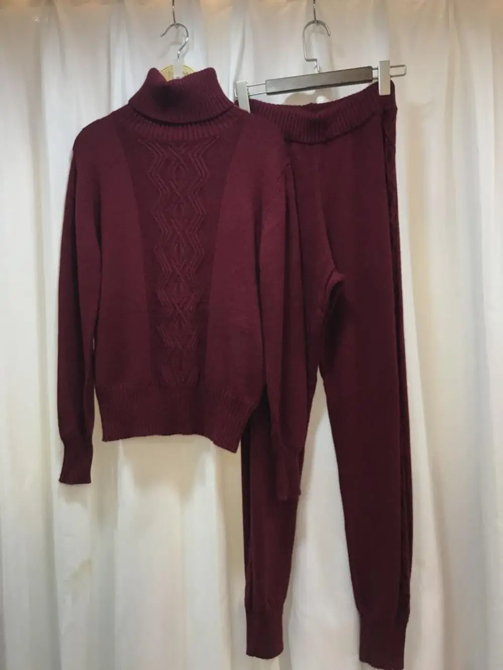wine red Зимний шерстяной и кашемировый вязаный теплый костюм с узором свитер с высоким воротником+ кашемировые брюки из норки комплект из двух предметов для отдыха wj1273 - Цвет: wine red