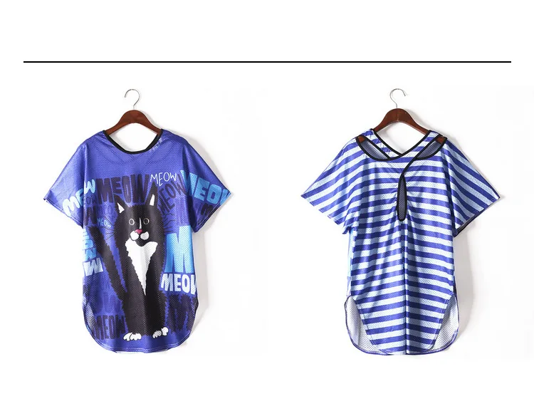 Женская футболка с коротким рукавом синяя или черная свободная принтом кота в