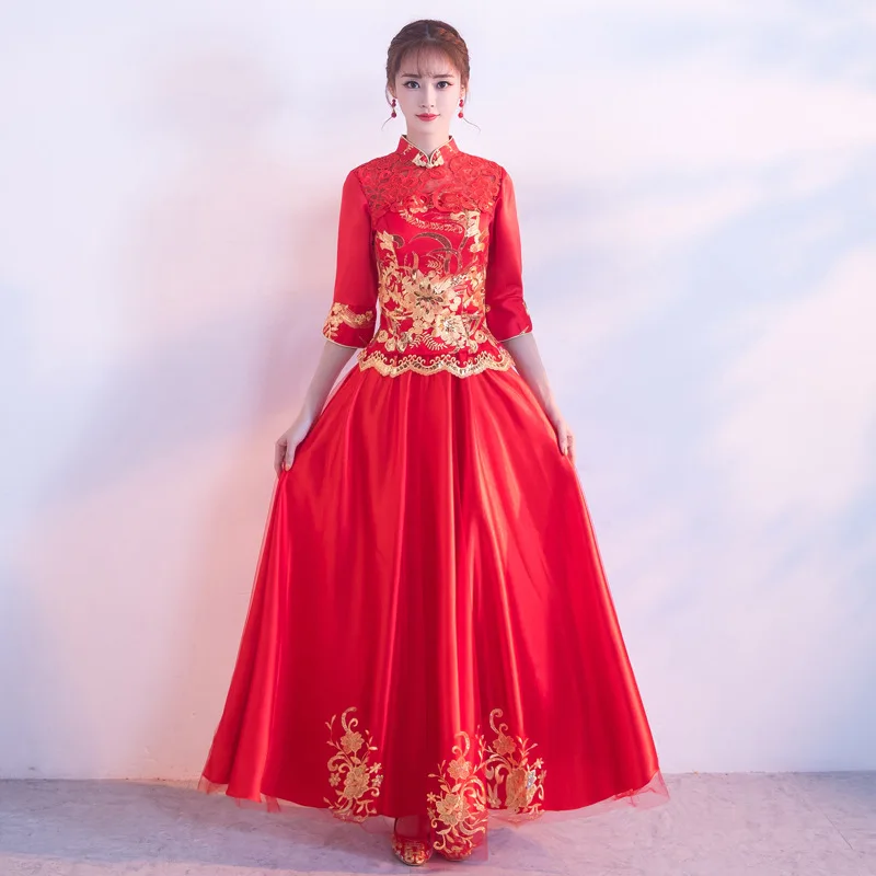 Традиционное китайское свадебное платье для невесты красное винтажное Ципао