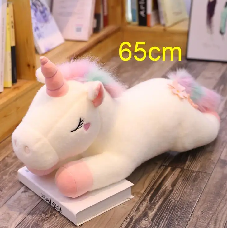 65CM lying white 25-100 см, большой размер, kawaii, единорог, плюшевые игрушки, 3 вида стилей, чучело, единорог, лошадь, кукла, мягкая, детская, для домашнего декора, подарки, подушка - Цвет: 65CM lying white