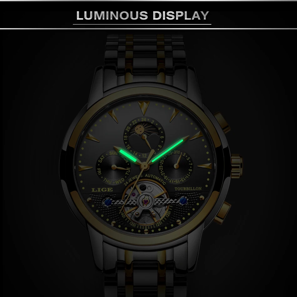 Мужские часы Новые LIGE Топ бренд Роскошные автоматические механические мужские