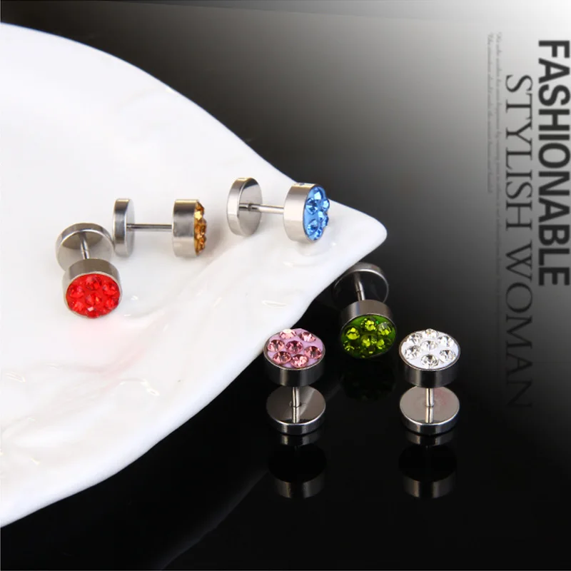 Гипоаллергенные серьги-гвоздики из титановой стали с инкрустацией кристаллами