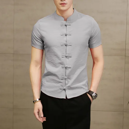 gray Китайская мужская одежда Мужская рубашка модный тренд хлопок лен Camisa Masculina Повседневная приталенная рубашка с коротким рукавом 6XL - Цвет: gray