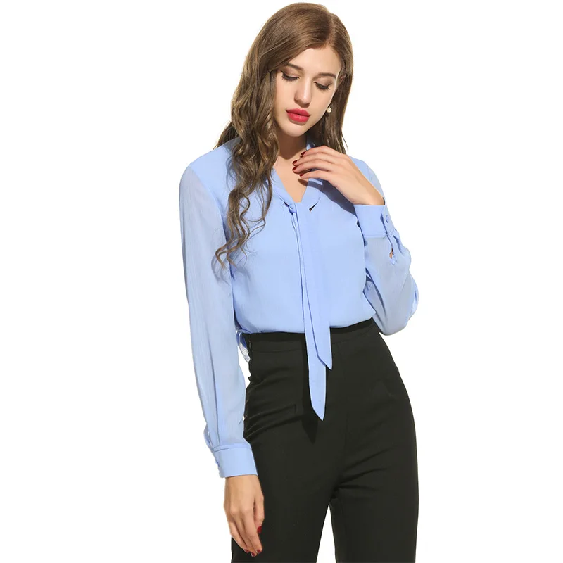 Блузка женская шифоновая однотонная с длинным рукавом и V-образным вырезом |