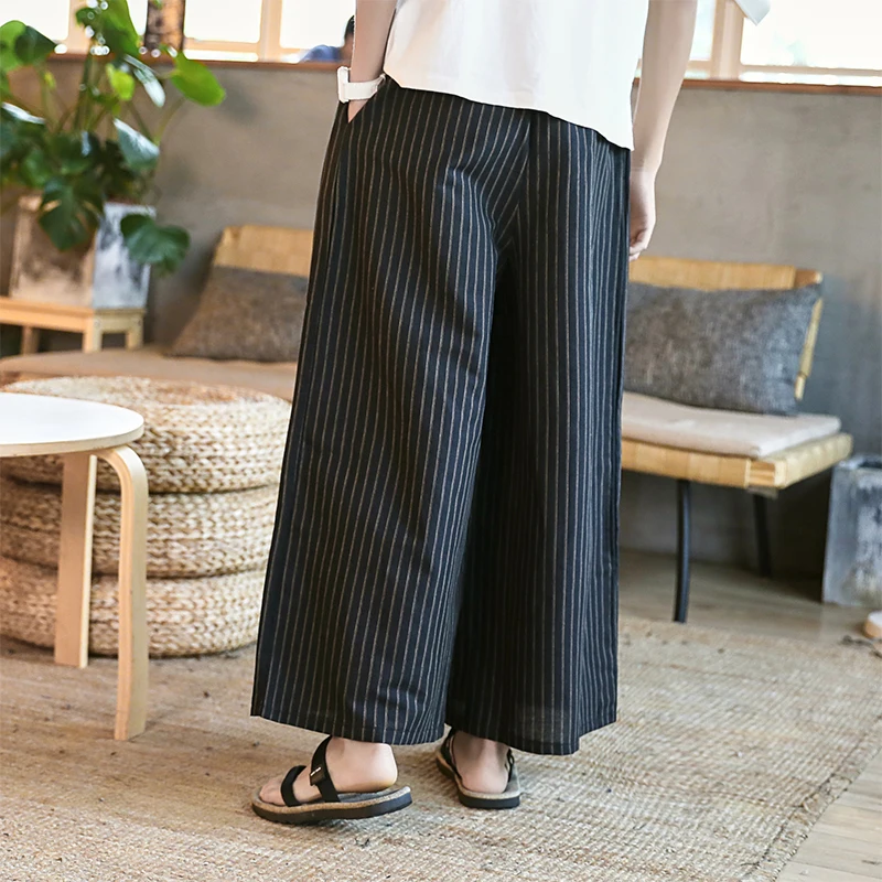 Мужские Широкие брюки в полоску удобные повседневные свободные из хлопка и льна