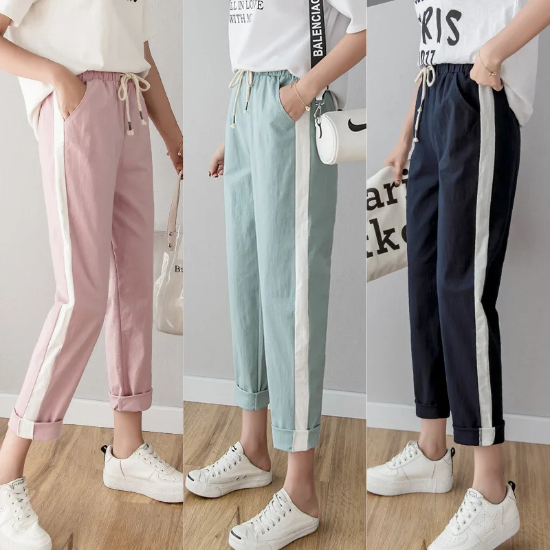 Cotton Linen Ankle Length Pants Women's Spring Summer Casual Trousers Pencil Striped Green Pink | Женская одежда