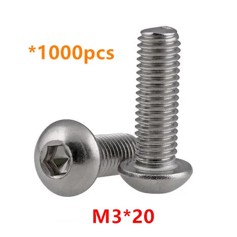 

1000pcs M3*20 Hex Socket Button Head Screws A2-70 Stainless steel Round head Mushroom Bolts ISO7380