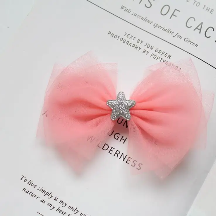 Hot Pink Модные Многослойные тюлевые заколки для волос с бантом для девочек, заколки для волос со звездами, детские заколки с подкладкой из кожи аллигатора, аксессуары для волос HC091 - Цвет: Hot Pink