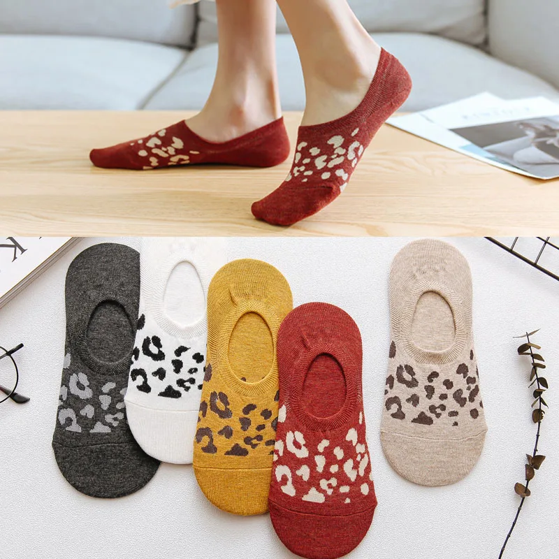 Leopard 5 пар, женские хлопковые носки-тапочки, летние короткие невидимые Нескользящие женские носки-башмачки, Забавные милые носки с принтом животных из мультфильмов - Цвет: Leopard