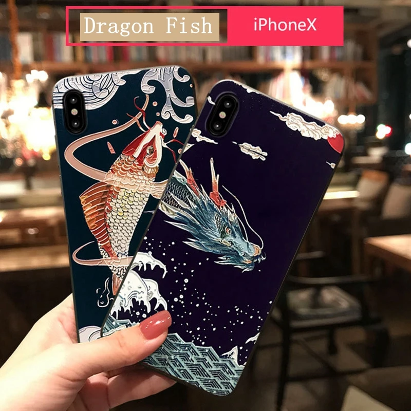 3D рельефный чехол с рисунком карпа для iPhone 6 S 6s Plus 7 8 10 plus мягкий задней панели
