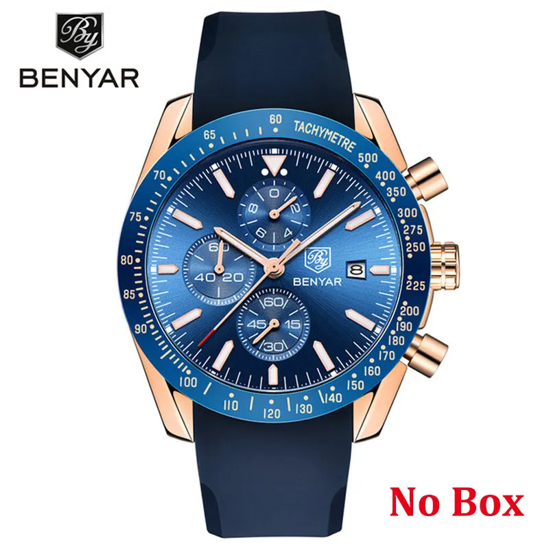 Gold No Box Часы мужские роскошные брендовые BENYAR мужские синие часы с силиконовым ремешком наручные часы Мужские часы с хронографом мужские часы Relogio Masculino - Цвет: Gold No Box