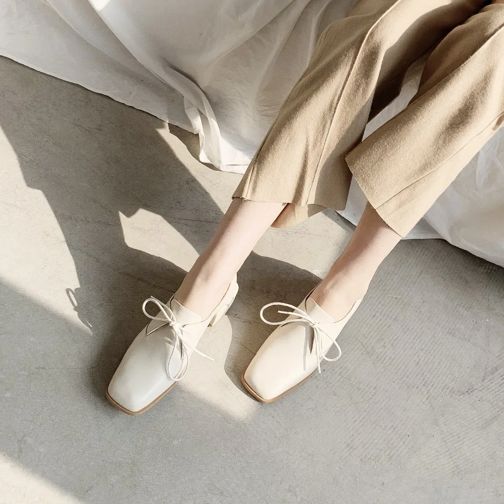 Beli Baru Kepala Persegi Kulit Tumit Rendah Wanita Sederhana Liar Sepatu Kasual Renda Dengan Harian Sepatu Aprikot Sepatu