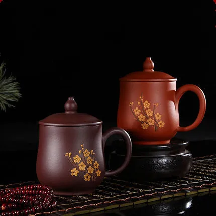 Hot Sale Yixing handmade purple cup Ore Zhu mud Embossed depicting plum Office teacups Gift Box Free Shipping