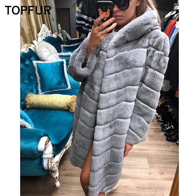 Женская Шуба с капюшоном TOPFUR зимняя шуба из натурального меха кролика верхняя