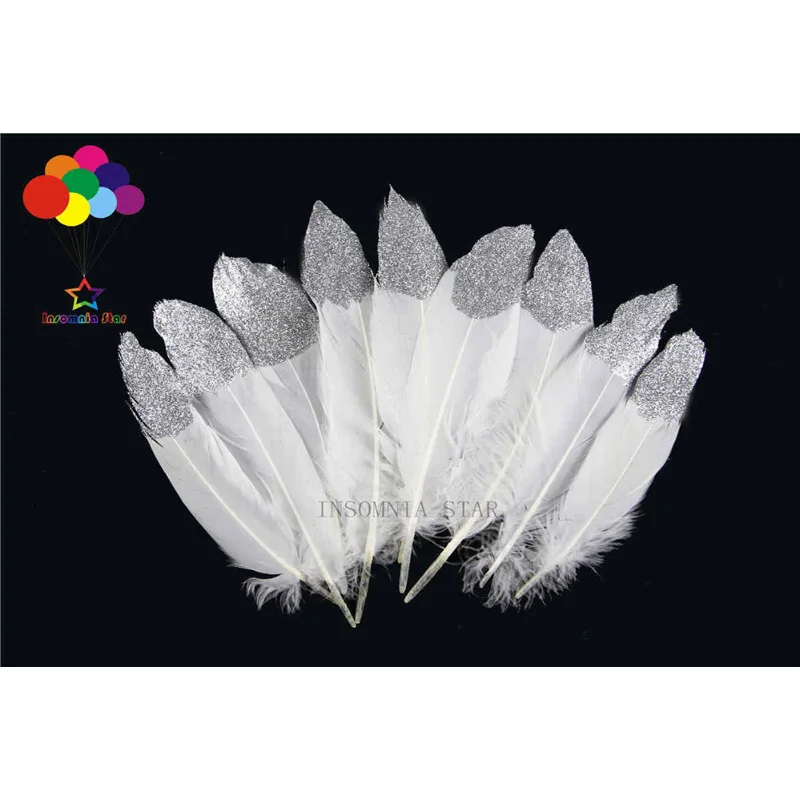 

100pcs 100% natural Dyed goose feather 15-25cm/6-10inch Beautiful silver Glitter for Diy carnival costume mask headdress