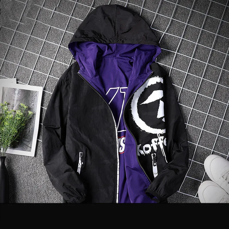 

Reversible jacket students fashion letter pattern print casual coat men hooded thin outerwear 2019 spring autumn