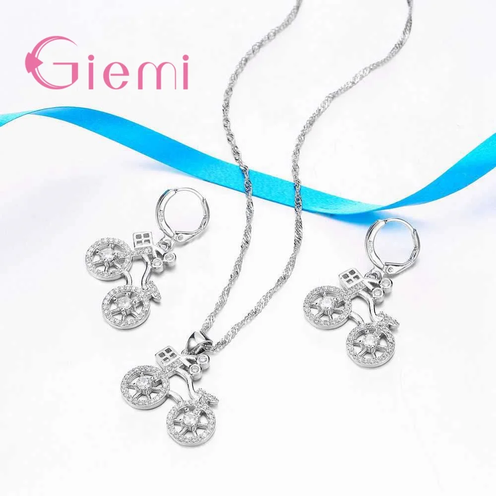 

Unique Bike Design Popular 925 Sterling Silver Pendant Necklace Hoop Earrings Bridal Wedding Sets For Women Party Zircon