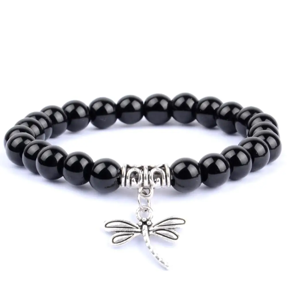Smooth Black Agate Модные женские браслеты классические очаровательные стрекозы натуральный черный белый камень из бисера мужские подарочные браслеты и ювелирные изделия женский браслет - Окраска металла: Smooth Black Agate