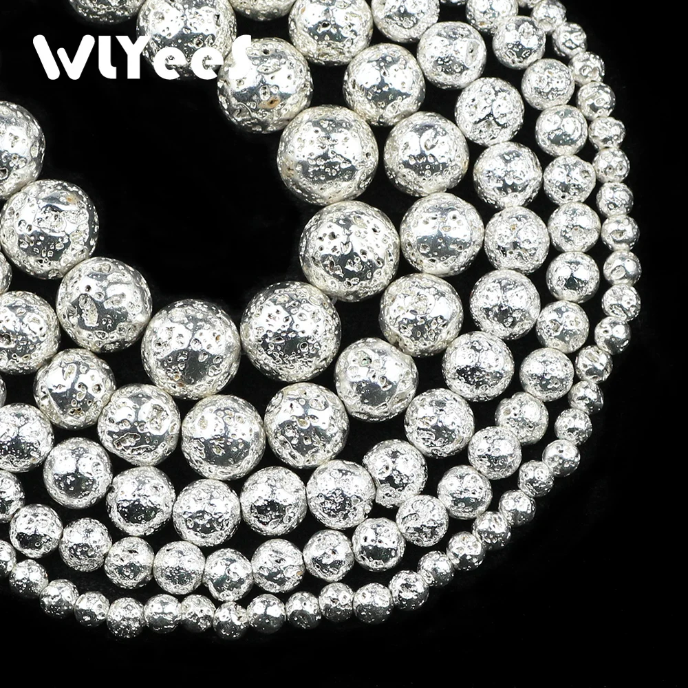 

White Gold Color Lava Natural Stone Beads Round Loose Beads 4 6 8 10 12mm Spacer Ball for Jewelry Bracelets Making Necklace DIY