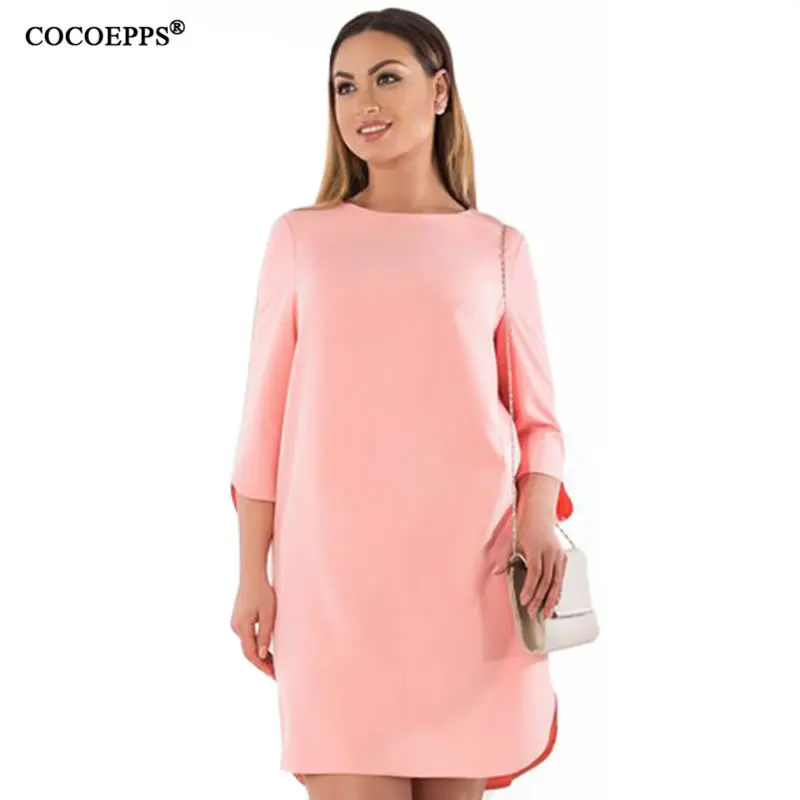 Женское платье большого размера с рукавом до локтя розовое ярких цветов