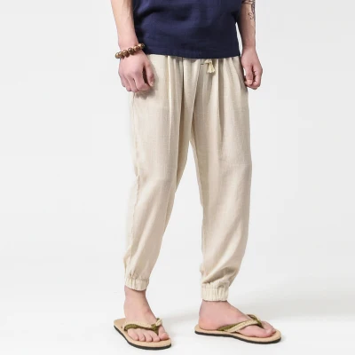 SH52 Beige NinePants Хлопковые льняные штаны-шаровары размера плюс, мужские спортивные штаны, новые мужские повседневные спортивные штаны, свободные китайские традиционные брюки в стиле хип-хоп - Цвет: SH52 Beige NinePants