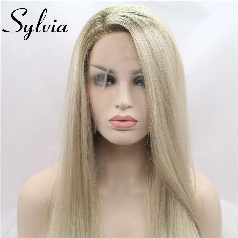 Sylvia Ombre Blonde Glueless парики на кружеве 2 тона цвет КОРИЧНЕВЫЙ корни боковая часть длинные прямые термостойкие синтетические женские волосы