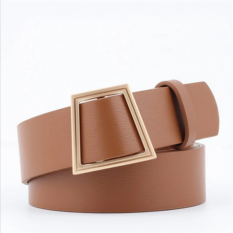

2018 New Trapezoid Metal Smooth Buckle Wide Waist Belt for Woman Black Tan Pu belts for Dress Jeans Female Waistband Belts