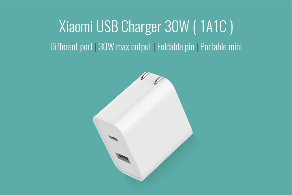 Оригинальное зарядное устройство USB Xiaomi 1A1C 30 Вт макс смарт-выход PD 2,0 QC 3,0 Быстрая зарядка type-C 5 В = 3A 9 В = 3A 15 В = 2A 12 В = 2,25 A type-A
