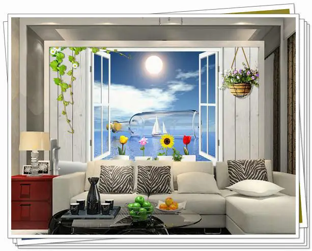New large wallpaper Custom 3D glass boat idyllic mural wall paper papel de parede stickers Free shipping8644 beac|stickers ps2|sticker artstickers