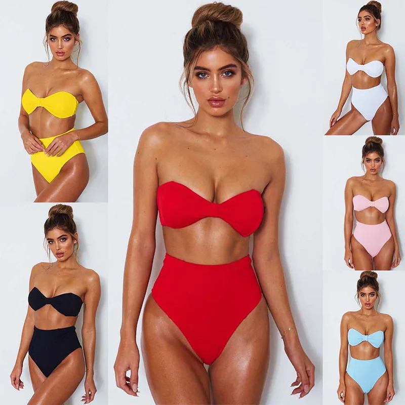 

6 colors sexy cute tube top swimsuit Split high waist backless swimsuit New bow Brazilian bikini suit Women's swimwear
