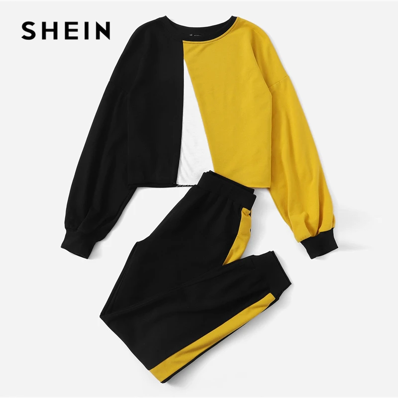 SHEIN многоцветный цветной пуловер и контрастные спортивные штаны с круглым вырезом комплект для женщин осенняя элегантная рабочая одежда Twopiece