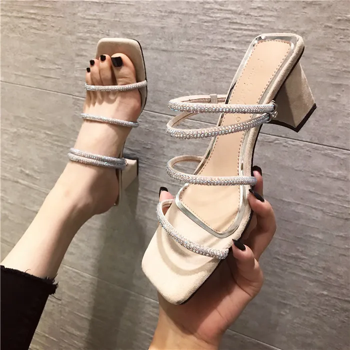 Slippers Heels Ladies Flip Flops Slides Woman Shoes Luxury Flock Square heel High Flip-flops Sliders Summer Designer Crystal