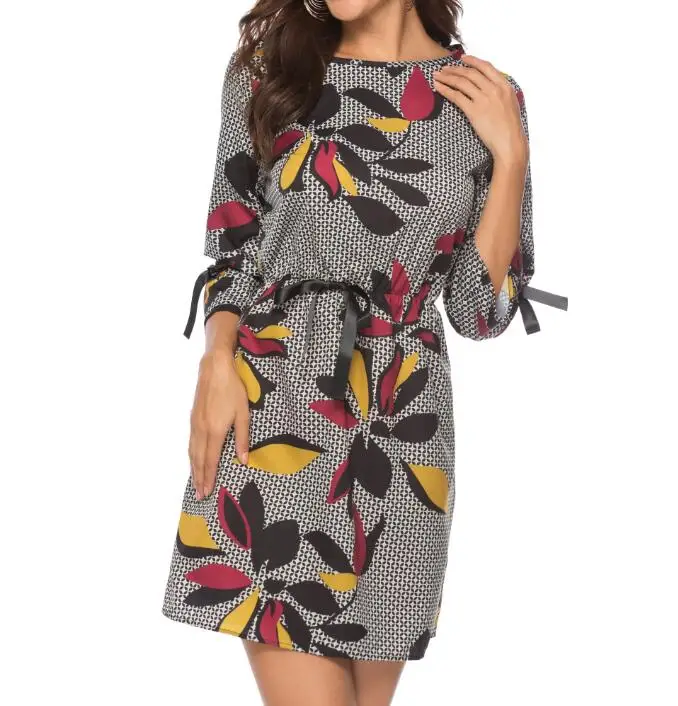 AVODOVAMA M New Spring Summer Long Sleeve Women Dress Fashion Casual O-Neck Sashes Print Straight Mini Dresses | Женская одежда