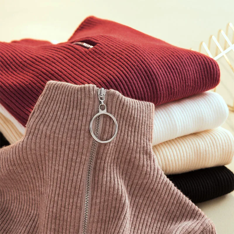 2019 Slim-fit Circle Zipper Turtleneck Sweater Tight-fitting High-elastic Chest-knit Bottoming Women | Женская одежда
