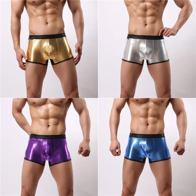 

4PCS/Lot Sexy Mens Underwear Boxer Patent Leather Wetlook Shinny Trunks Cool Underpants Shorts Shiny Leather Boxers for Male