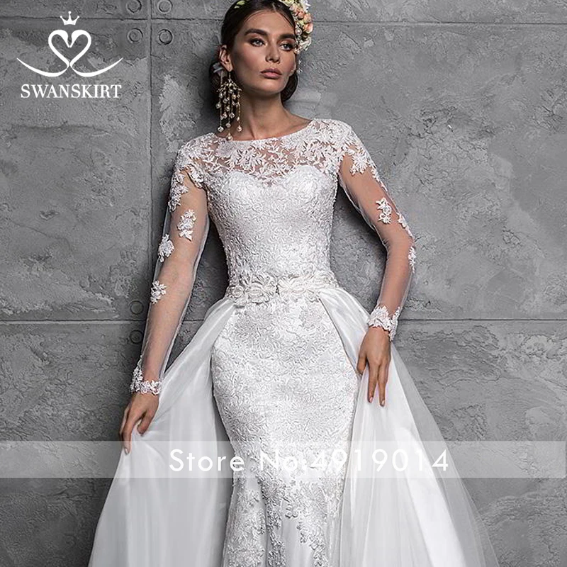 Swanskirt, винтажное свадебное платье русалки с круглым вырезом и длинным рукавом,, съемный шлейф, открытая спина, атласное платье невесты, Robe De Mariage Z121
