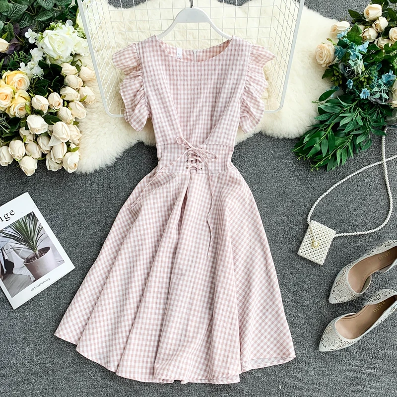 Новинка 2019 модные женские платья винтажное клетчатое платье с оборками на