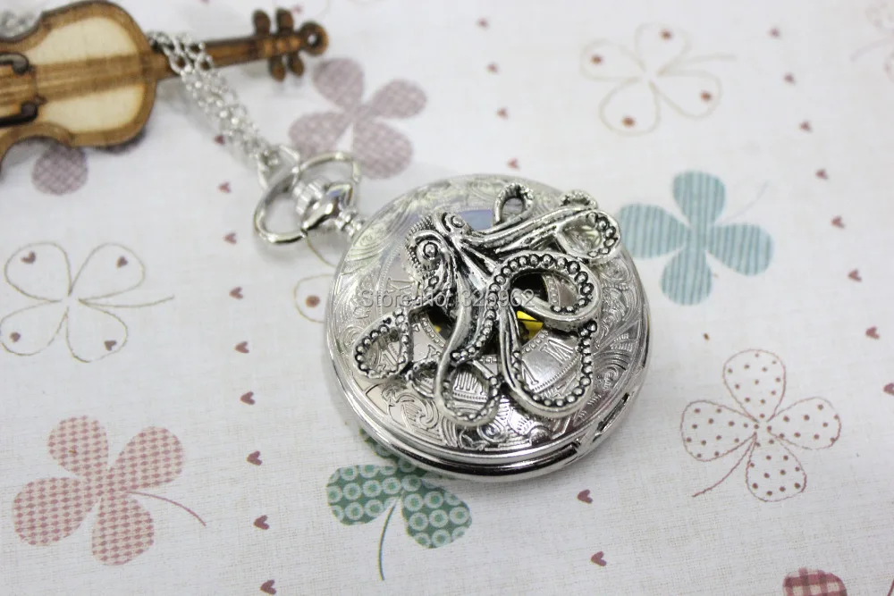 Серебро осьминог карманные часы ожерелье старинное ювелирные изделия стимпанк