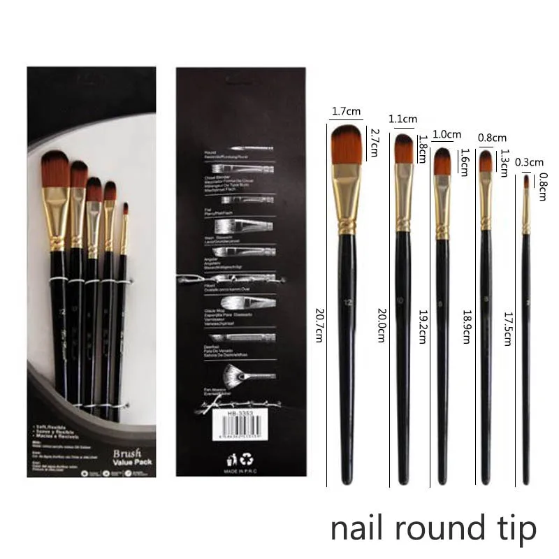 nail round tip 5 шт нейлоновые волосы деревянная ручка набор кистей для рисования для художника краски кисти портативные экологически чистые акварельные акриловые масляные краски ручка - Цвет: nail round tip