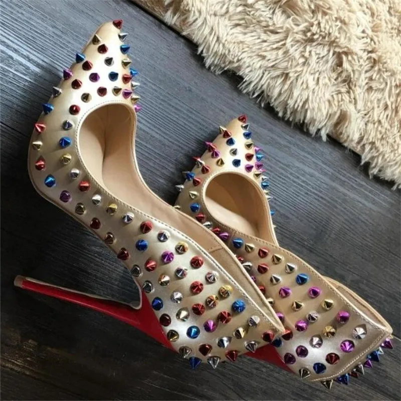 

Fashion colorful studded leather shoes pointed stilettos sexy rivets spikes XL 8 cm 10 cm 12 cm high heelsFashion colorful studd