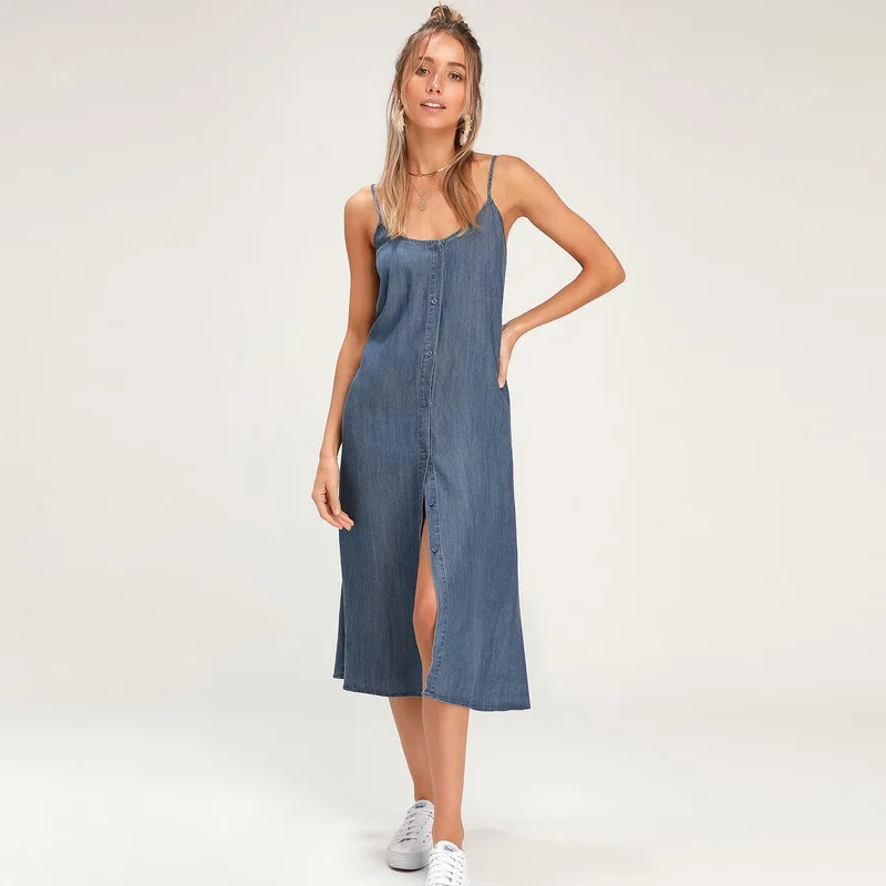 Платье из джинсовой ткани женское летнее платье на бретельках | Женская одежда