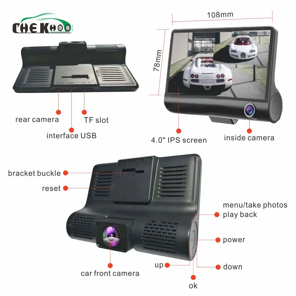 4,0 ''3-полосная Автомобильная dvr камера, видео рекордер заднего вида, авто регистратор с двумя камерами s Dash Cam DVRS, двойной объектив, Blackbox 3 Cam