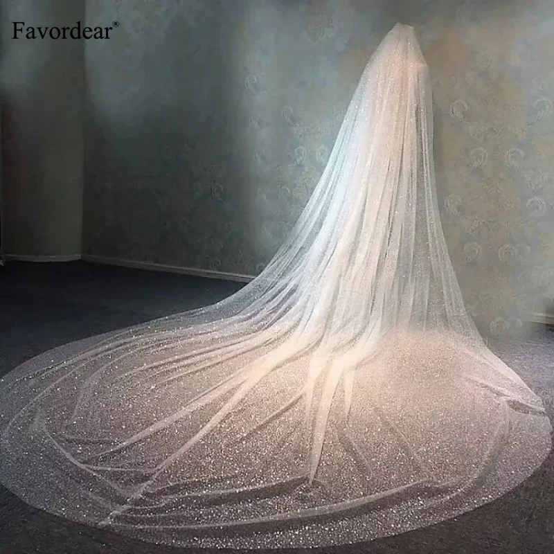 Favordear, высокое качество, настоящая фотография, роскошная Соборная светящаяся вуаль, размер, гранулы, Длинная свадебная вуаль для невест, Veu De Noiva