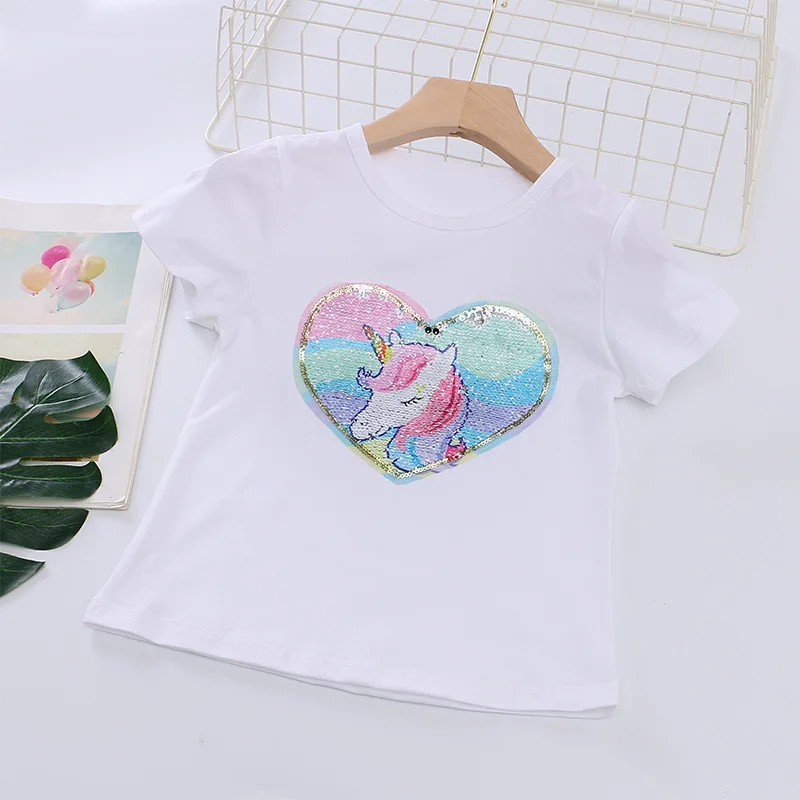 Детская футболка с единорогом сердцем для девочек 2 3 4 5 6 7 лет летние детские топы