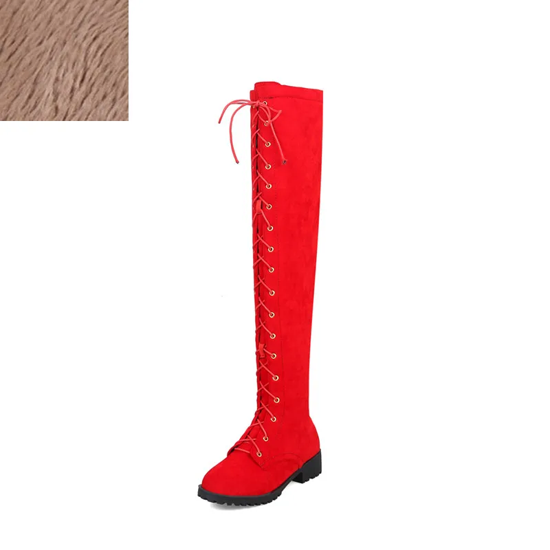 Red Short Plush Новые зимние женские сапоги-гладиаторы выше колена пикантная женская обувь на шнуровке женские сапоги на шнуровке для девушек размера плюс 33-46 - Цвет: Red Short Plush