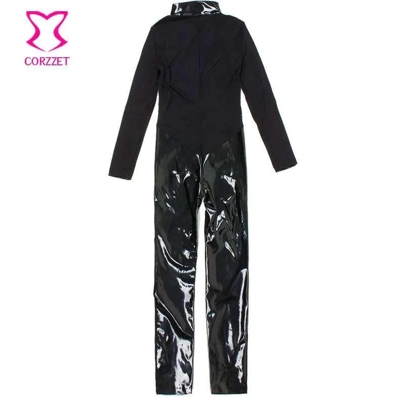 Черное Кожаное эротическое боди на молнии из ПВХ и прозрачной сетки сексуальные