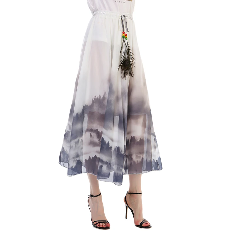 

2019 Summer New Fashion Vintage Bohemia Chiffon Floral Printed Women Boho Long Maxi Beach Party Loose Pleated Flare Skirts Saias