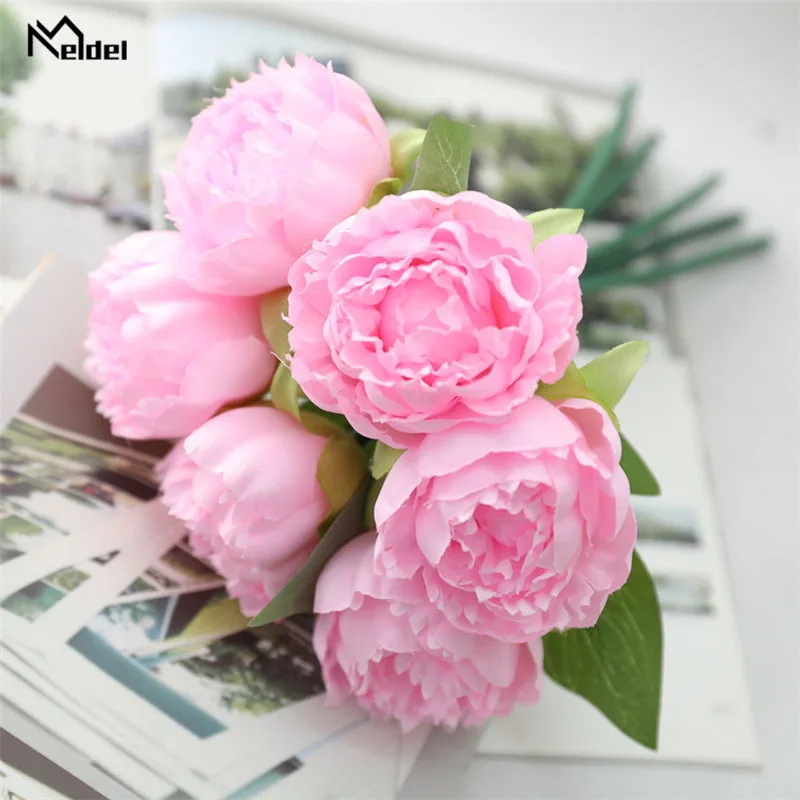 light pink Meldel свадебные букет искусственного шелка Роза Пион 7 цветок с головками розовый букет невесты DIY Выходные туфли на выпускной бал Свадебные Поставки - Цвет: light pink