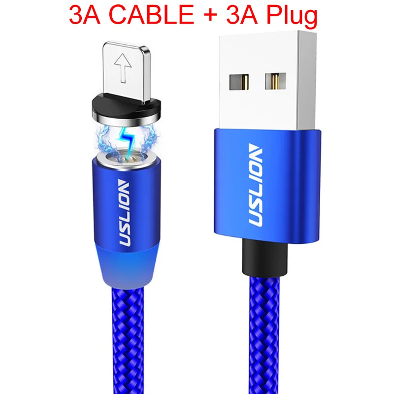 Blue USLION 3а Магнитный usb-кабель для быстрой зарядки типа C микро-кабель с нейлоновой оплеткой Type-C магнитное зарядное устройство для Iphone XS 7 Samsung 1 м - Цвет: Blue